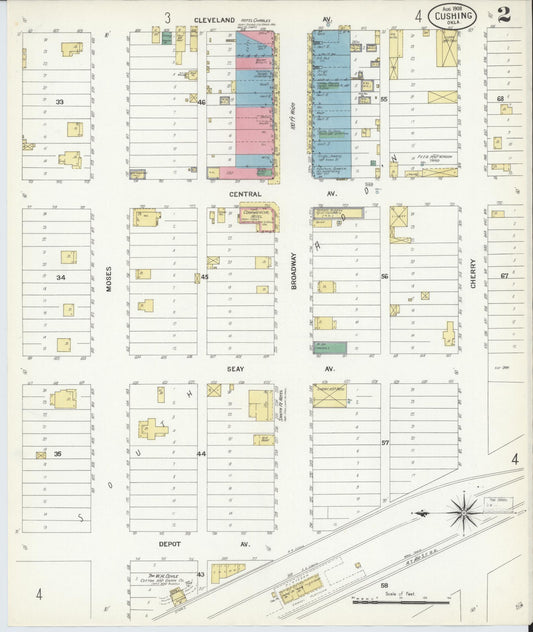 Sanborn Fire Insurance Map from Cushing, Payne County, Oklahoma (1908), Sheet #0002 - Historic Sanborn Fire Insurance Map Print, vintage old map wall art, antique decor, genealogy gift, Oklahoma Oklahoma map