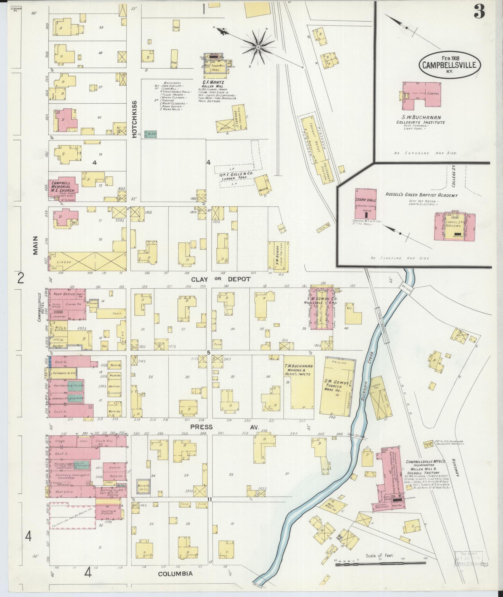 Sanborn Fire Insurance Map from Campbellsville, Taylor County, Kentucky (1908), Sheet #0003 - Historic Sanborn Fire Insurance Map Print, vintage old map wall art, antique decor, genealogy gift, Kentucky Kentucky map