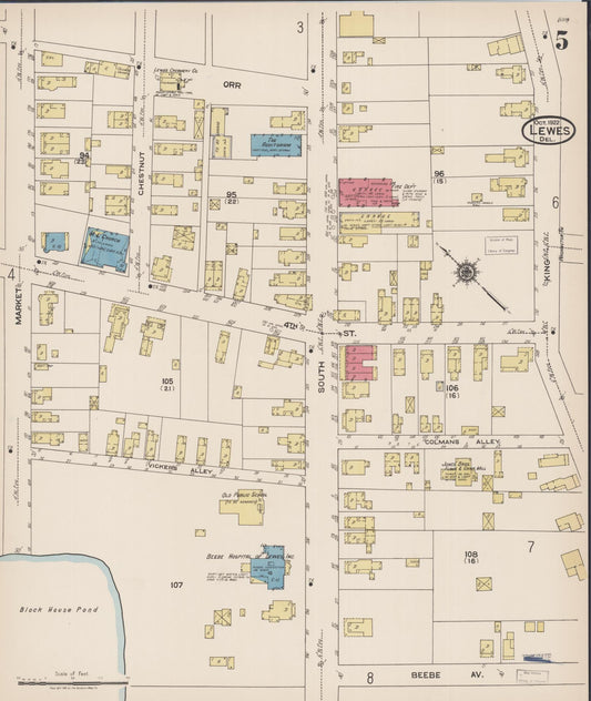 Sanborn Fire Insurance Map from Lewes, Sussex County, Delaware (1922), Sheet #0005 - Historic Sanborn Fire Insurance Map Print, vintage old map wall art, antique decor, genealogy gift, Delaware Delaware map