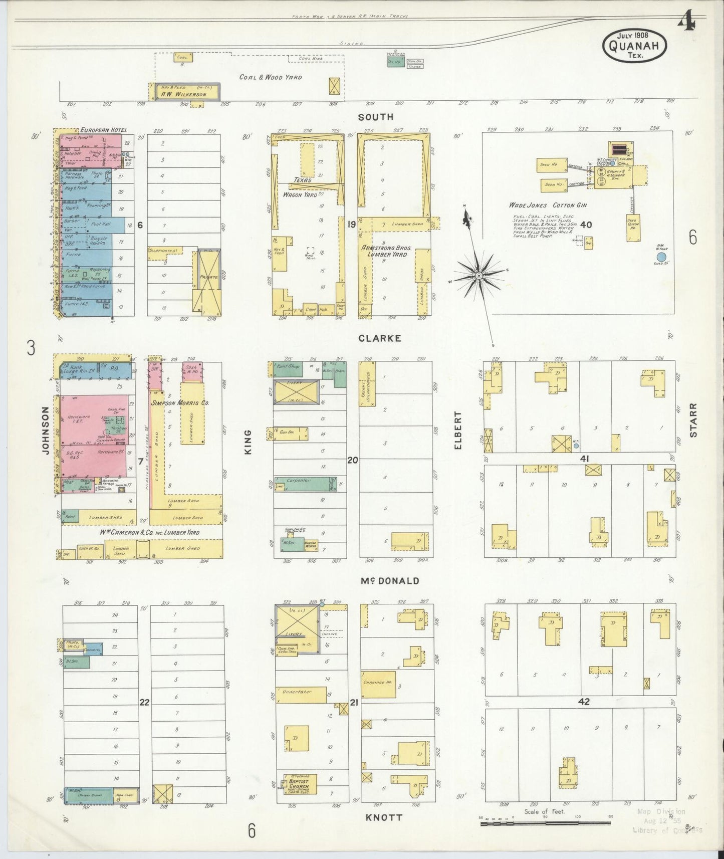 Sanborn Fire Insurance Map from Quanah, Hardeman County, Texas (1908), Sheet #0004 - Historic Sanborn Fire Insurance Map Print, vintage old map wall art, antique decor, genealogy gift, Texas Texas map