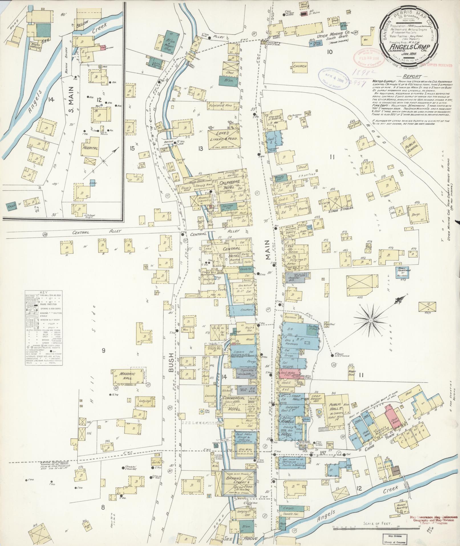 Sanborn Fire Insurance Map from Angels Camp, Calaveras County, California (1898), Sheet #0001 - Historic Sanborn Fire Insurance Map Print, vintage old map wall art, antique decor, genealogy gift, California California map