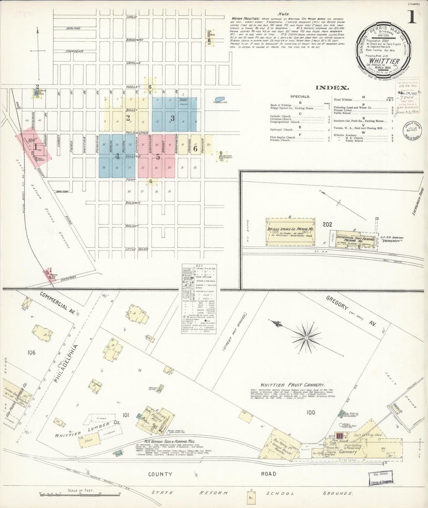 Sanborn Fire Insurance Map from Whittier, Los Angeles County, California (1900), Sheet #0001 - Complete Map Set gallery image, historic Sanborn map, vintage wall art, California California