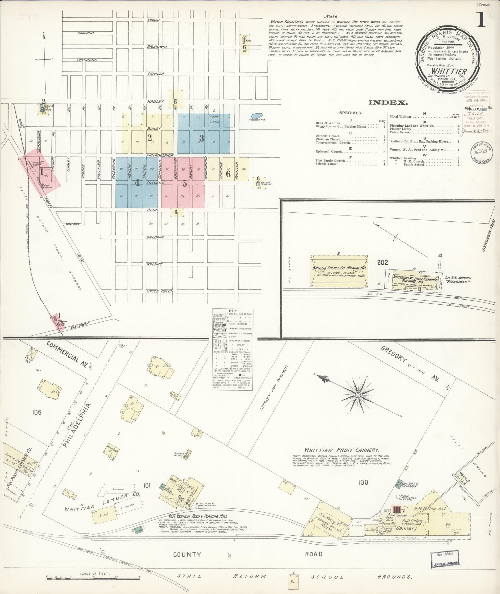 Sanborn Fire Insurance Map from Whittier, Los Angeles County, California (1900), Sheet #0001 - Complete Map Set gallery image, historic Sanborn map, vintage wall art, California California