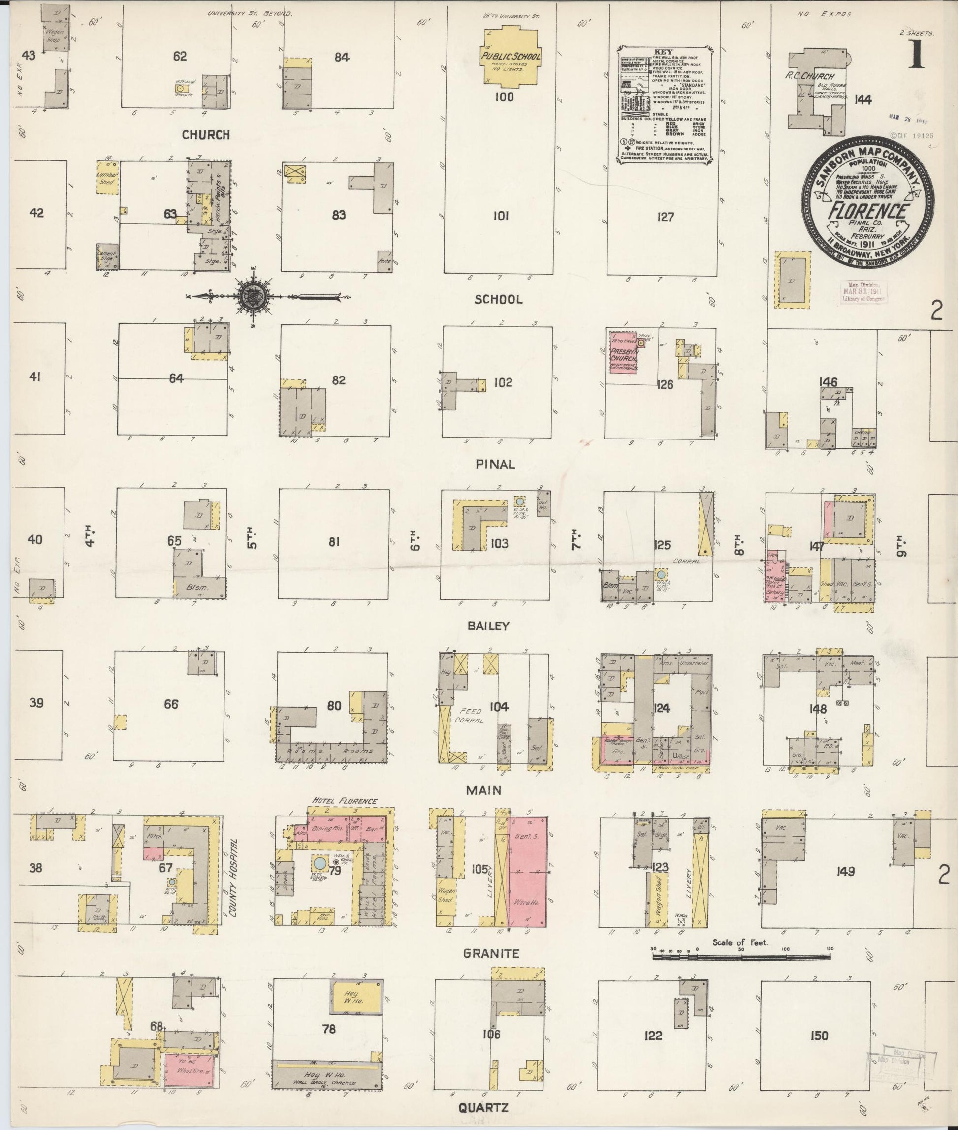 Sanborn Fire Insurance Map from Florence, Pinal County, Arizona (1911), Sheet #0001 - Historic Sanborn Fire Insurance Map Print, vintage old map wall art, antique decor, genealogy gift, Arizona Arizona map