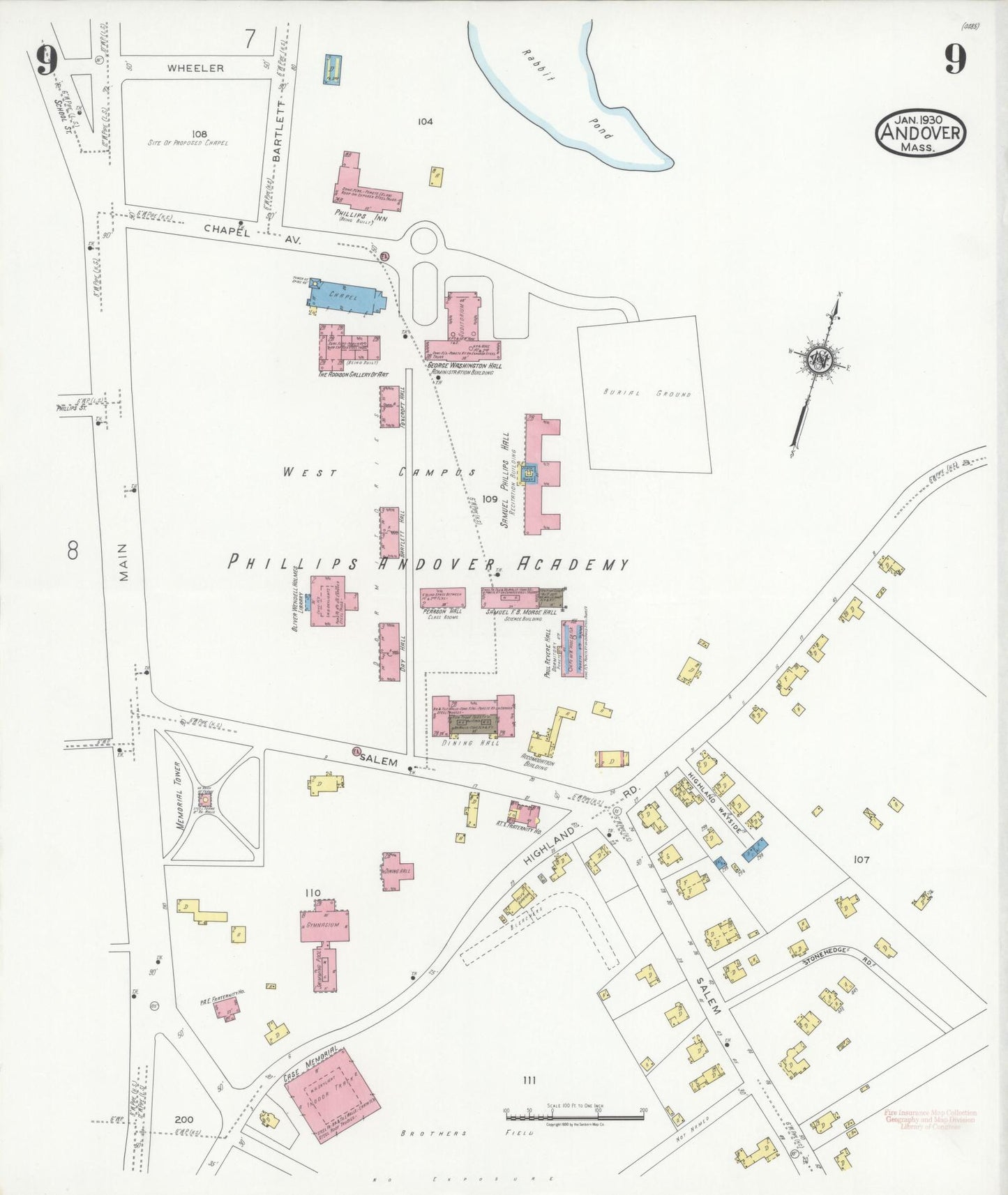 Sanborn Fire Insurance Map from Andover, Essex County, Massachusetts (1930), Sheet #0009 - Historic Sanborn Fire Insurance Map Print, vintage old map wall art, antique decor, genealogy gift, Massachusetts Massachusetts map