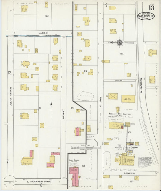 Sanborn Fire Insurance Map from Shelbyville, Bedford County, Tennessee (1921), Sheet #0013 - Historic Sanborn Fire Insurance Map Print, vintage old map wall art, antique decor, genealogy gift, Tennessee Tennessee map