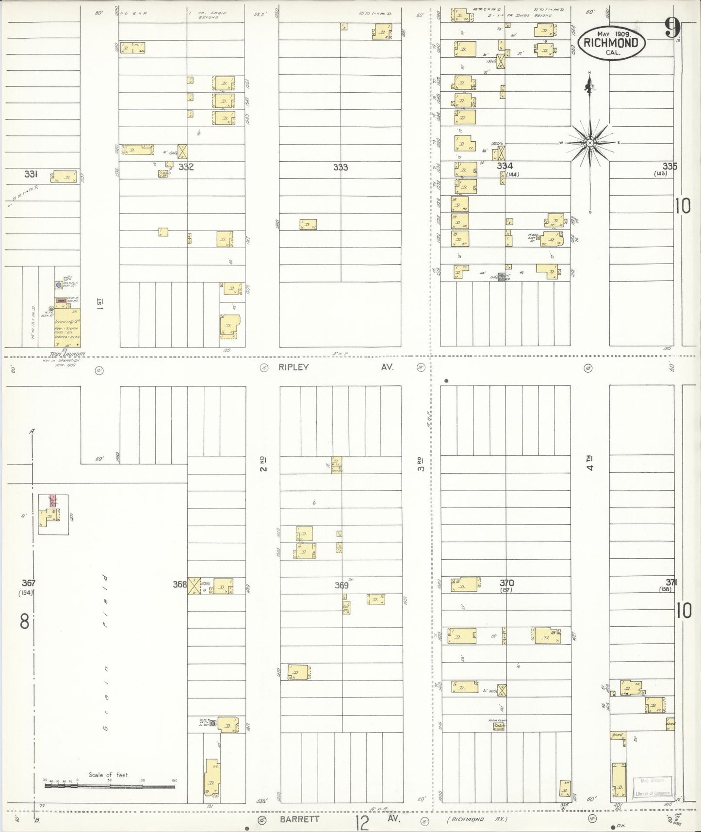 Sanborn Fire Insurance Map from Richmond, Contra Costa County, California (1909), Sheet #0009 - Complete Map Set gallery image, historic Sanborn map, vintage wall art, California California