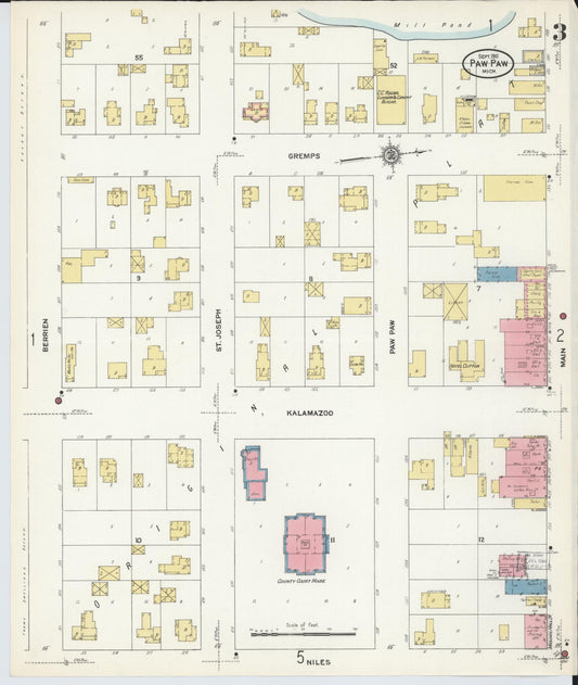 Sanborn Fire Insurance Map from Paw Paw, Van Buren County, Michigan (1911), Sheet #0003 - Historic Sanborn Fire Insurance Map Print, vintage old map wall art, antique decor, genealogy gift, Michigan Michigan map