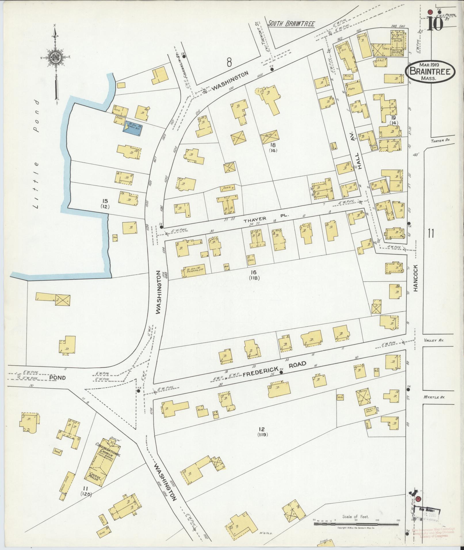 Sanborn Fire Insurance Map from Braintree, Norfolk County, Massachusetts (1919), Sheet #0010 - Complete Map Set gallery image, historic Sanborn map, vintage wall art, Massachusetts Massachusetts