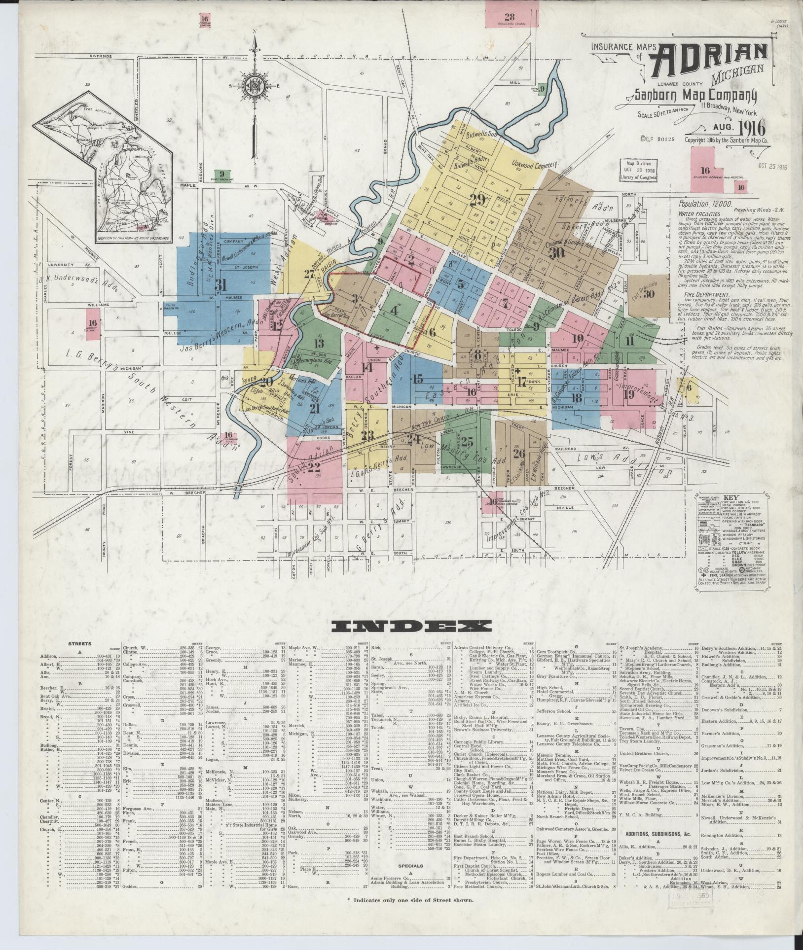 Sanborn Fire Insurance Map from Adrian, Lenawee County, Michigan (1916), Sheet #0001 - Complete Map Set gallery image, historic Sanborn map, vintage wall art, Michigan Michigan