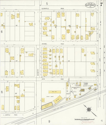 Sanborn Fire Insurance Map from Burlingame, San Mateo County, California (1921), Sheet #0007 - Historic Sanborn Fire Insurance Map Print, vintage old map wall art, antique decor, genealogy gift, California California map