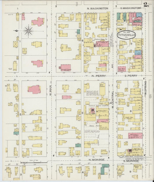 Sanborn Fire Insurance Map from Titusville, Crawford County, Pennsylvania (1893), Sheet #0002 - Historic Sanborn Fire Insurance Map Print, vintage old map wall art, antique decor, genealogy gift, Pennsylvania Pennsylvania map