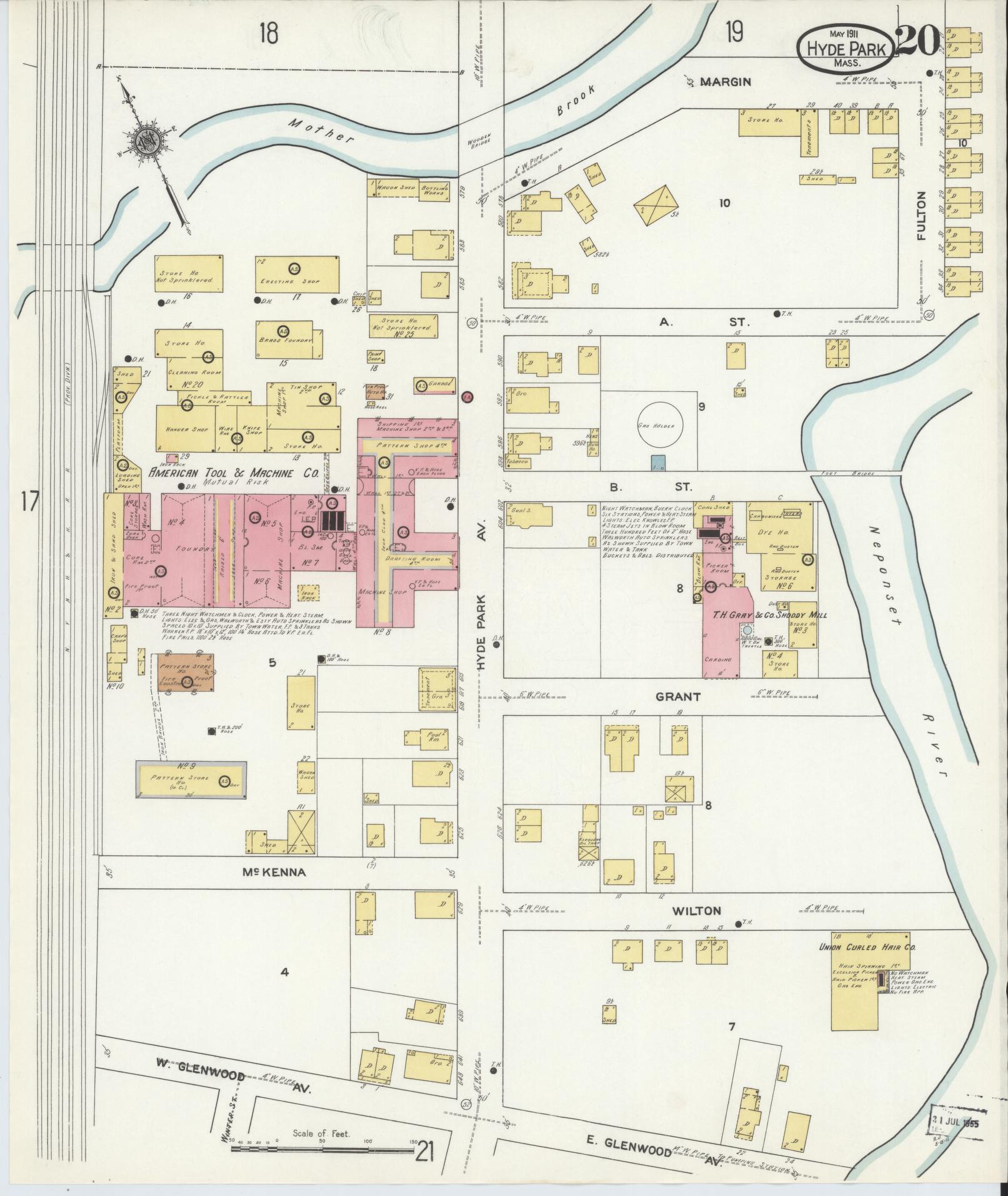 Sanborn Fire Insurance Map from Hyde Park, Norfolk County, Massachusetts (1911), Sheet #0020 - Historic Sanborn Fire Insurance Map Print, vintage old map wall art, antique decor, genealogy gift, Massachusetts Massachusetts map