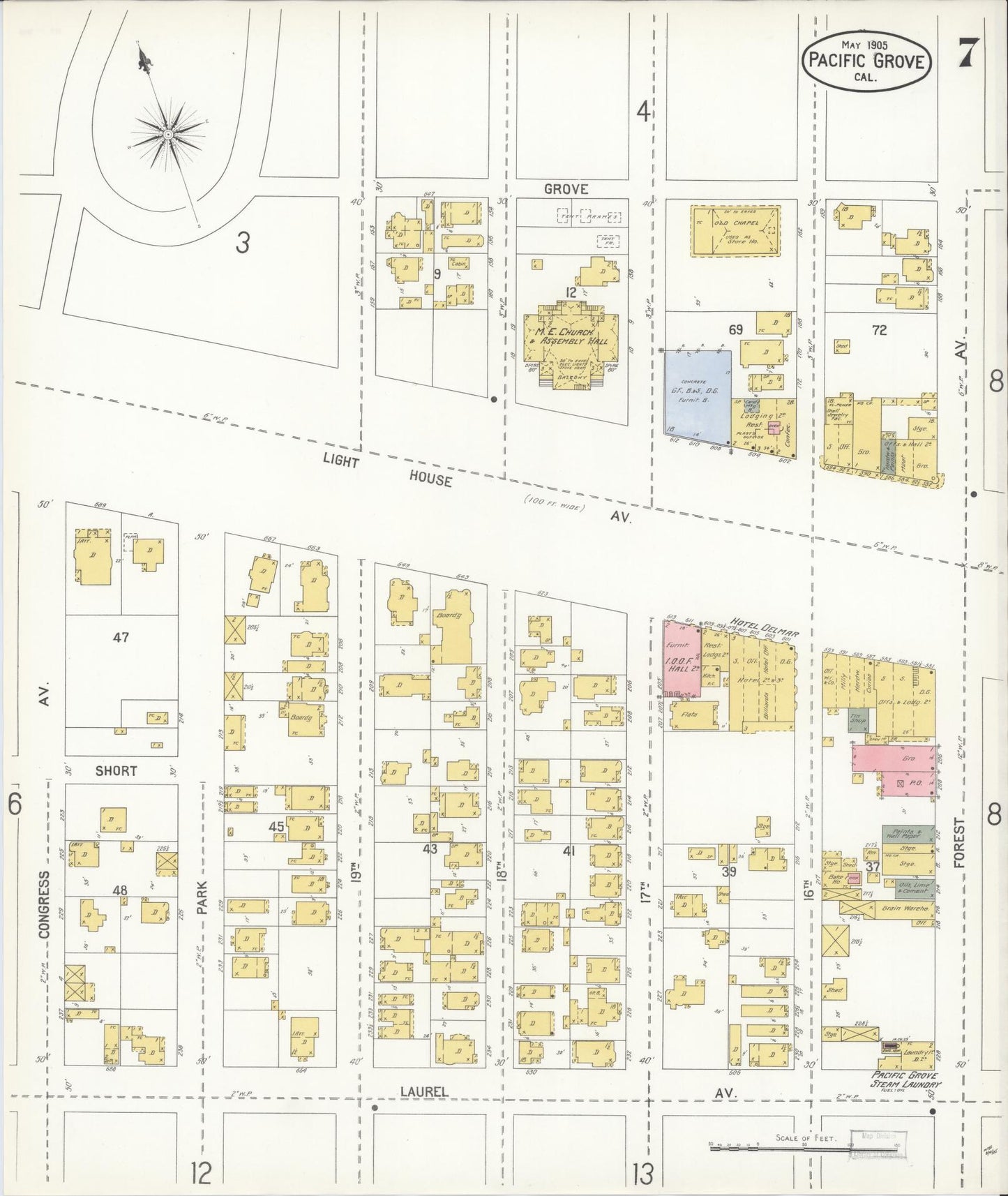 Sanborn Fire Insurance Map from Pacific Grove, Monterey County, California (1905), Sheet #0007 - Complete Map Set gallery image, historic Sanborn map, vintage wall art, California California