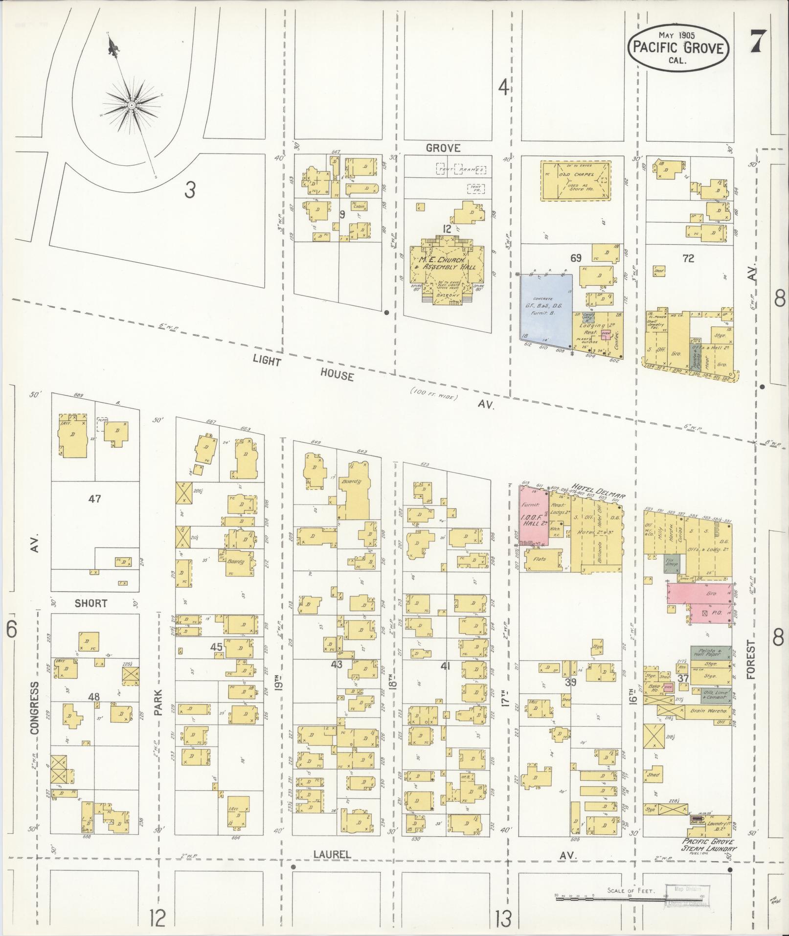 Sanborn Fire Insurance Map from Pacific Grove, Monterey County, California (1905), Sheet #0007 - Complete Map Set gallery image, historic Sanborn map, vintage wall art, California California