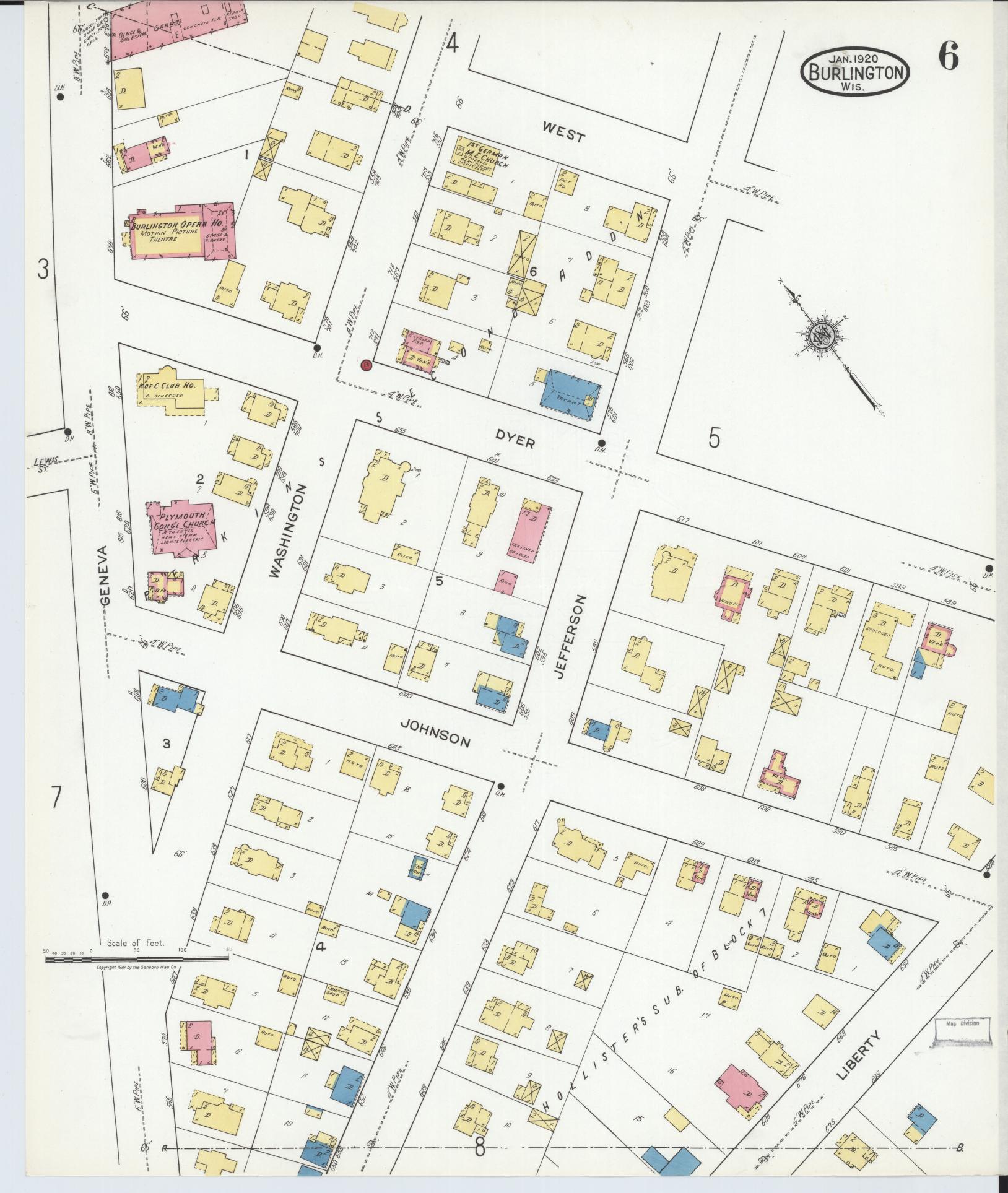 Sanborn Fire Insurance Map from Burlington, Racine County, Wisconsin (1920), Sheet #0006 - Historic Sanborn Fire Insurance Map Print, vintage old map wall art, antique decor, genealogy gift, Wisconsin Wisconsin map