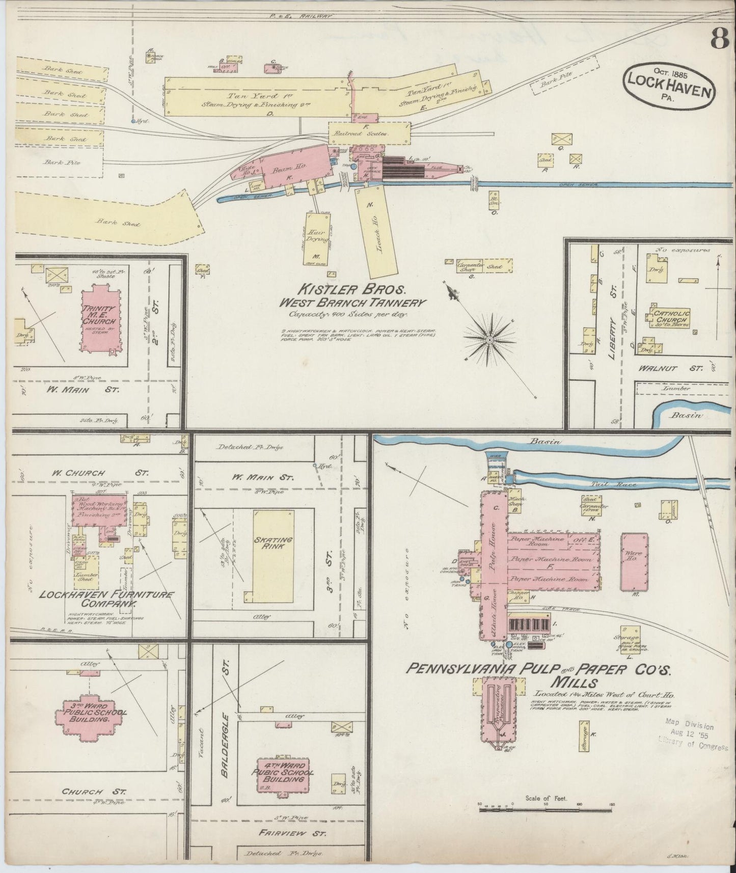 Sanborn Fire Insurance Map from Lock Haven, Clinton County, Pennsylvania (1885), Sheet #0008 - Historic Sanborn Fire Insurance Map Print, vintage old map wall art, antique decor, genealogy gift, Pennsylvania Pennsylvania map