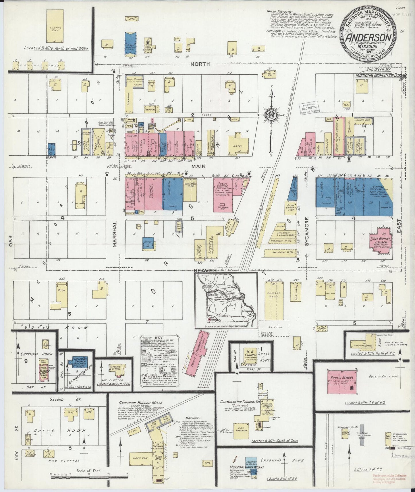 Sanborn Fire Insurance Map from Anderson, Mcdonald County, Missouri (1920), Sheet #0001 - Historic Sanborn Fire Insurance Map Print, vintage old map wall art, antique decor, genealogy gift, Missouri Missouri map