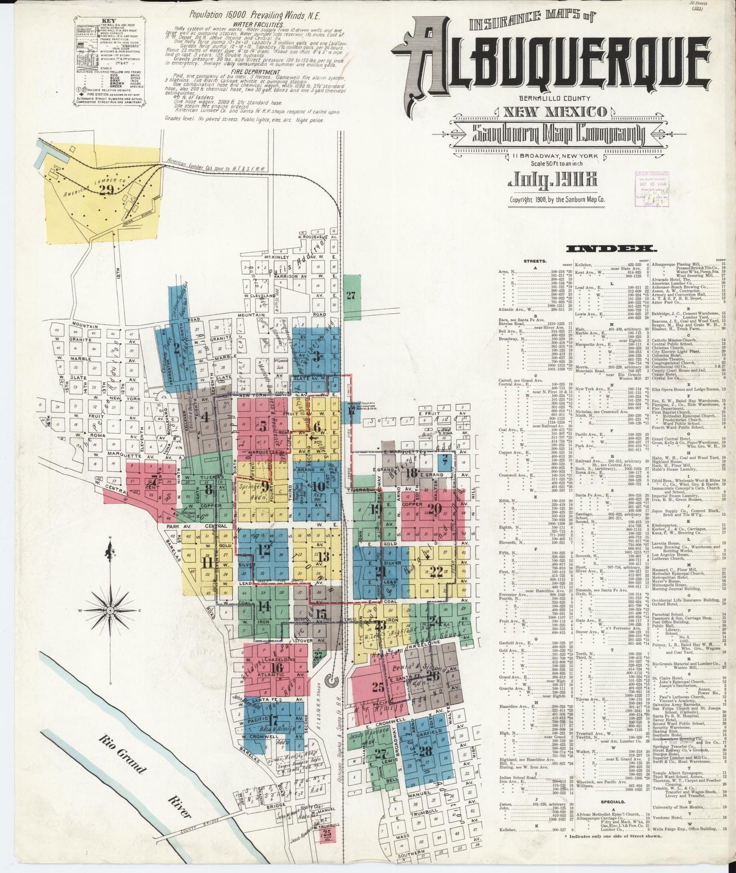 Sanborn Fire Insurance Map from Albuquerque, Bernalillo County, New Mexico (1908), Sheet #0001 - Historic Sanborn Fire Insurance Map Print, vintage old map wall art, antique decor, genealogy gift, New Mexico New Mexico map