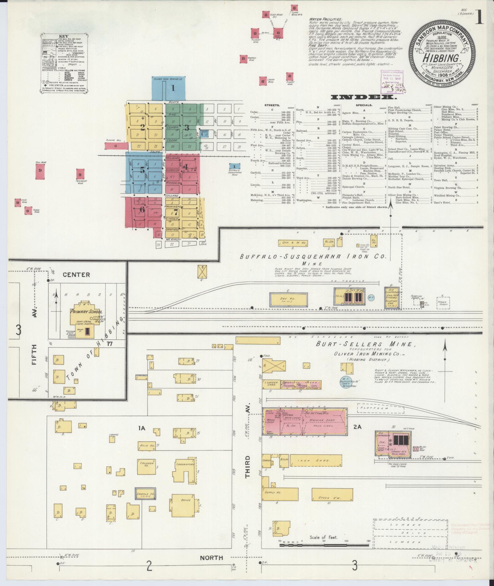 Sanborn Fire Insurance Map from Hibbing, Saint Louis County, Minnesota (1908), Sheet #0001 - Historic Sanborn Fire Insurance Map Print, vintage old map wall art, antique decor, genealogy gift, Minnesota Minnesota map