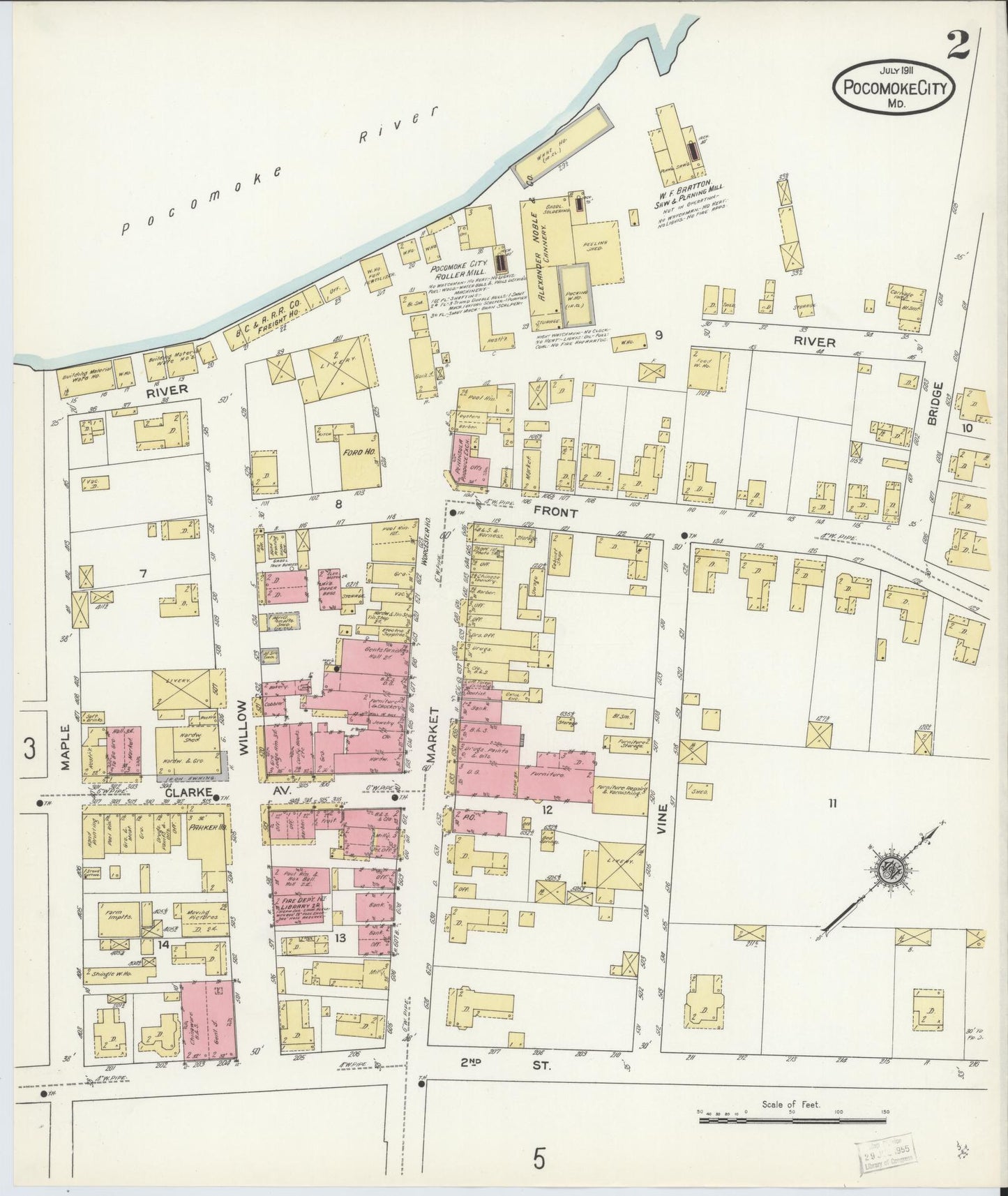 Sanborn Fire Insurance Map from Pocomoke City, Worcester County, Maryland (1911), Sheet #0002 - Historic Sanborn Fire Insurance Map Print, vintage old map wall art