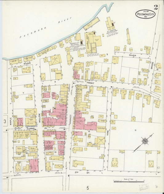 Sanborn Fire Insurance Map from Pocomoke City, Worcester County, Maryland (1911), Sheet #0002 - Historic Sanborn Fire Insurance Map Print, vintage old map wall art