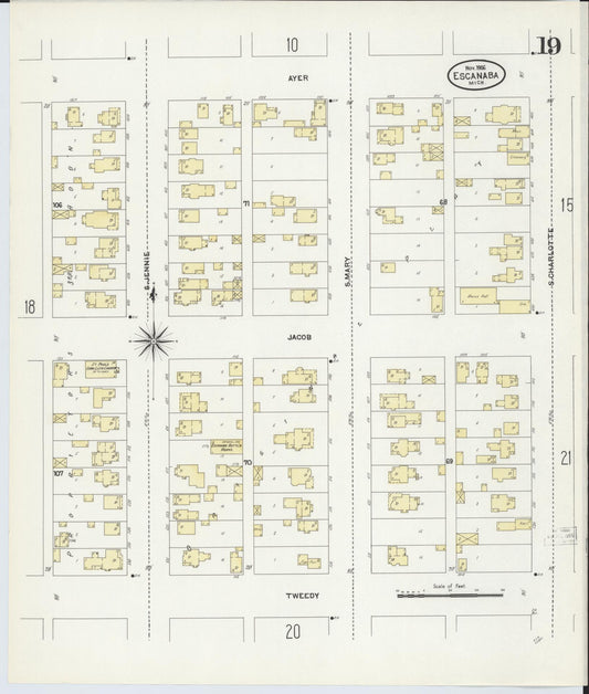 Sanborn Fire Insurance Map from Escanaba, Delta County, Michigan (1906), Sheet #0019 - Historic Sanborn Fire Insurance Map Print, vintage old map wall art, antique decor, genealogy gift, Michigan Michigan map