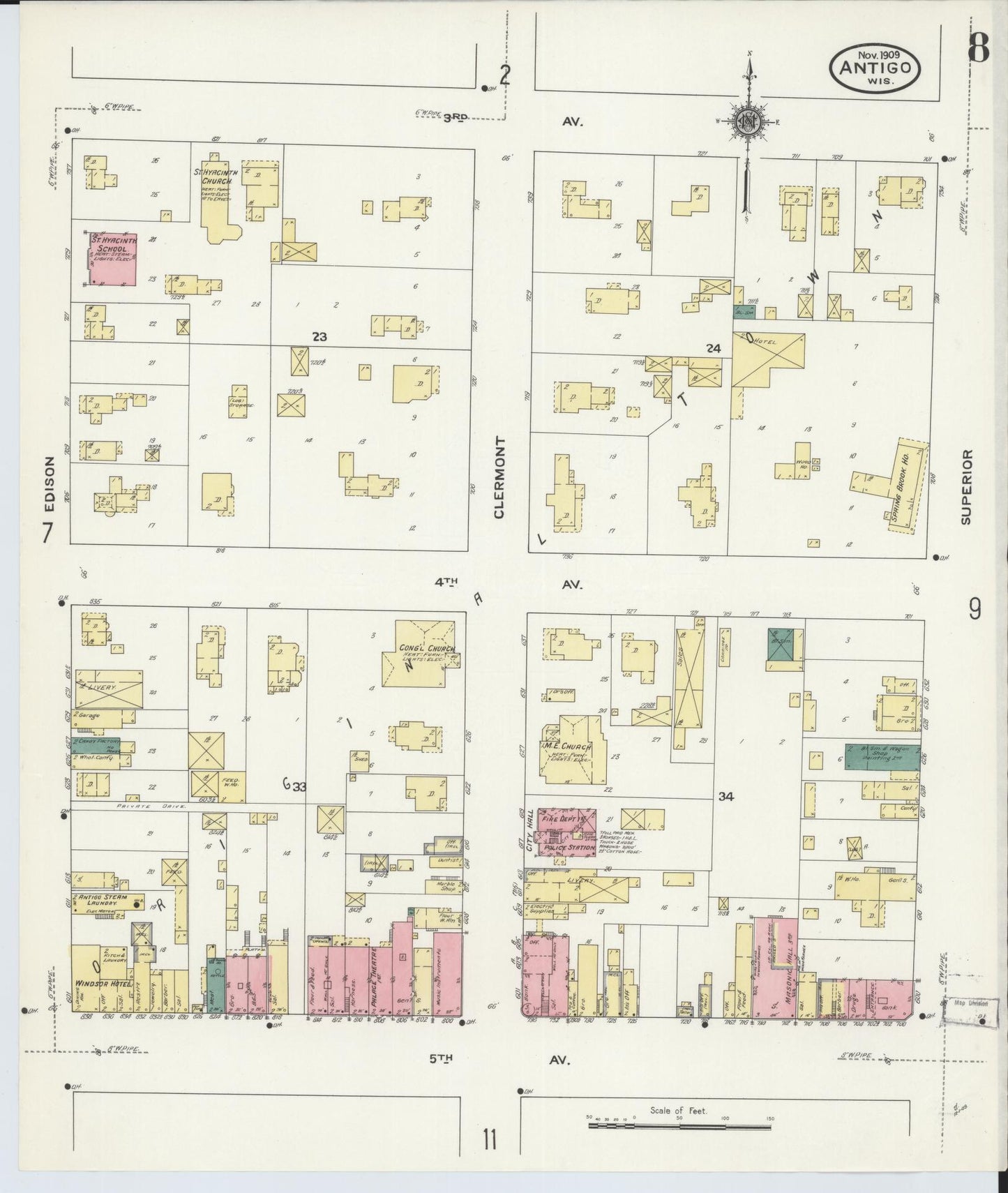 Sanborn Fire Insurance Map from Antigo, Langlade County, Wisconsin (1909), Sheet #0008 - Complete Map Set gallery image, historic Sanborn map, vintage wall art, Wisconsin Wisconsin