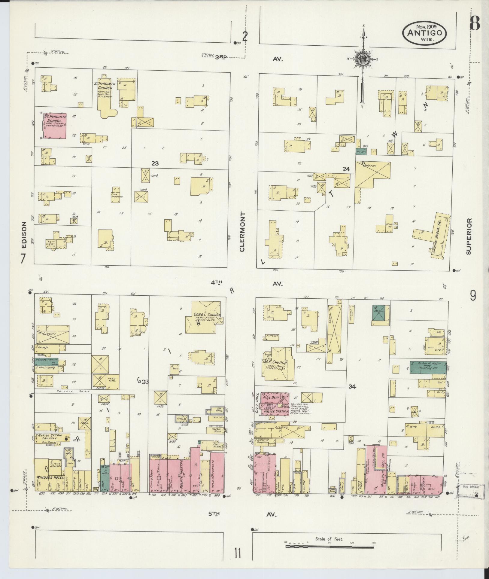 Sanborn Fire Insurance Map from Antigo, Langlade County, Wisconsin (1909), Sheet #0008 - Complete Map Set gallery image, historic Sanborn map, vintage wall art, Wisconsin Wisconsin