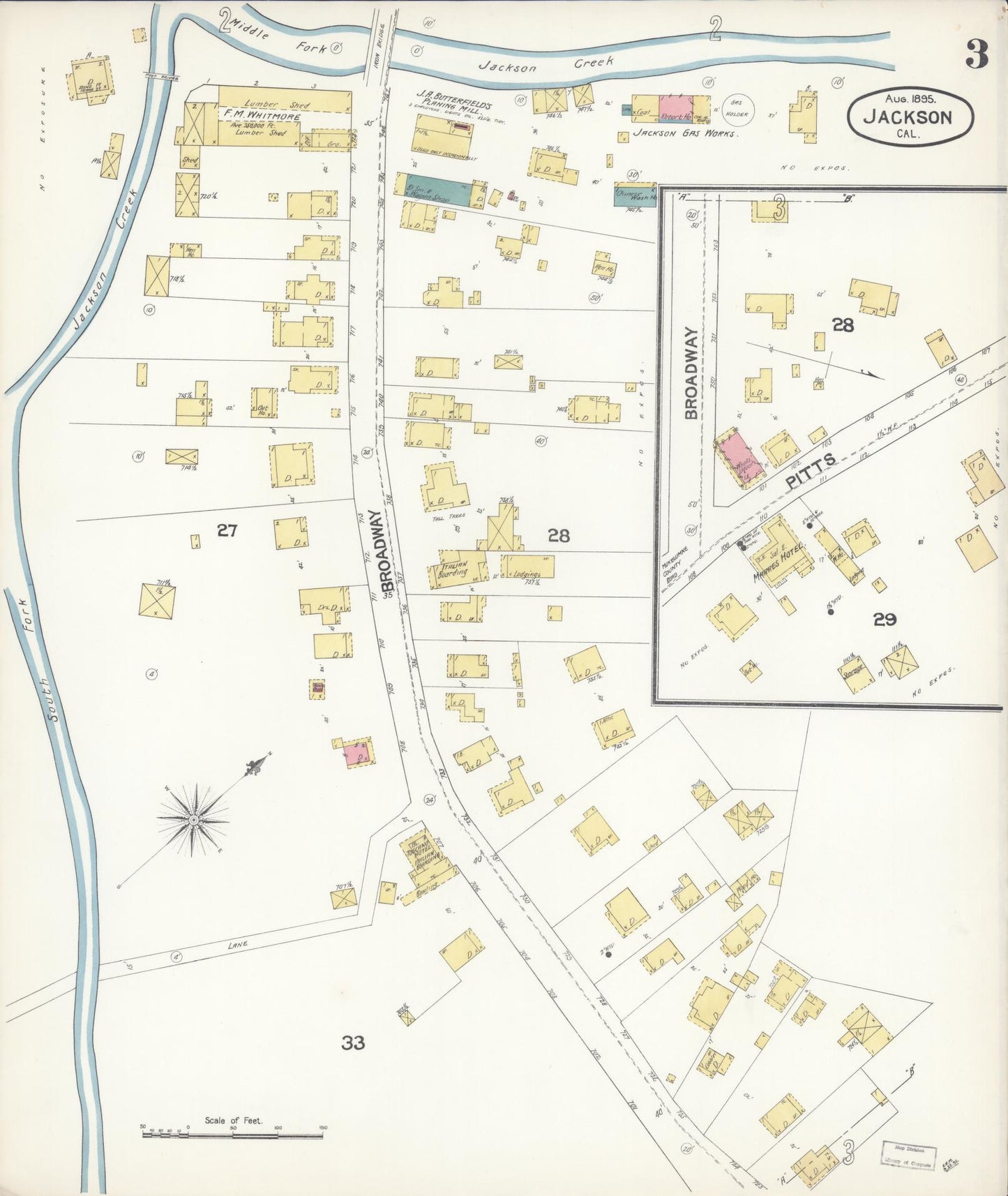 Sanborn Fire Insurance Map from Jackson, Amador County, California (1895), Sheet #0003 - Historic Sanborn Fire Insurance Map Print, vintage old map wall art, antique decor, genealogy gift, California California map