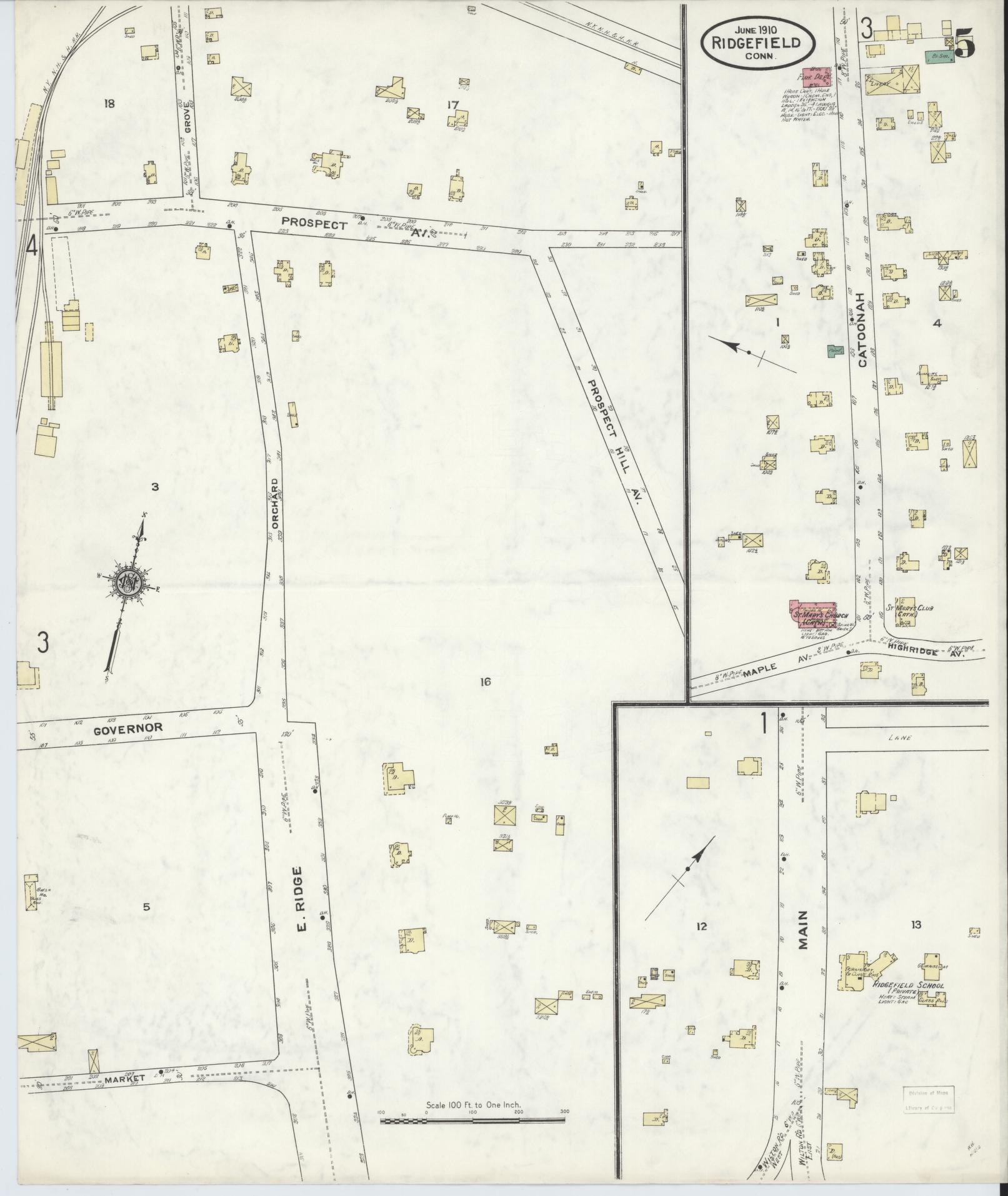 Sanborn Fire Insurance Map from Ridgefield, Fairfield County, Connecticut (1910), Sheet #0005 - Complete Map Set gallery image, historic Sanborn map, vintage wall art, Connecticut Connecticut