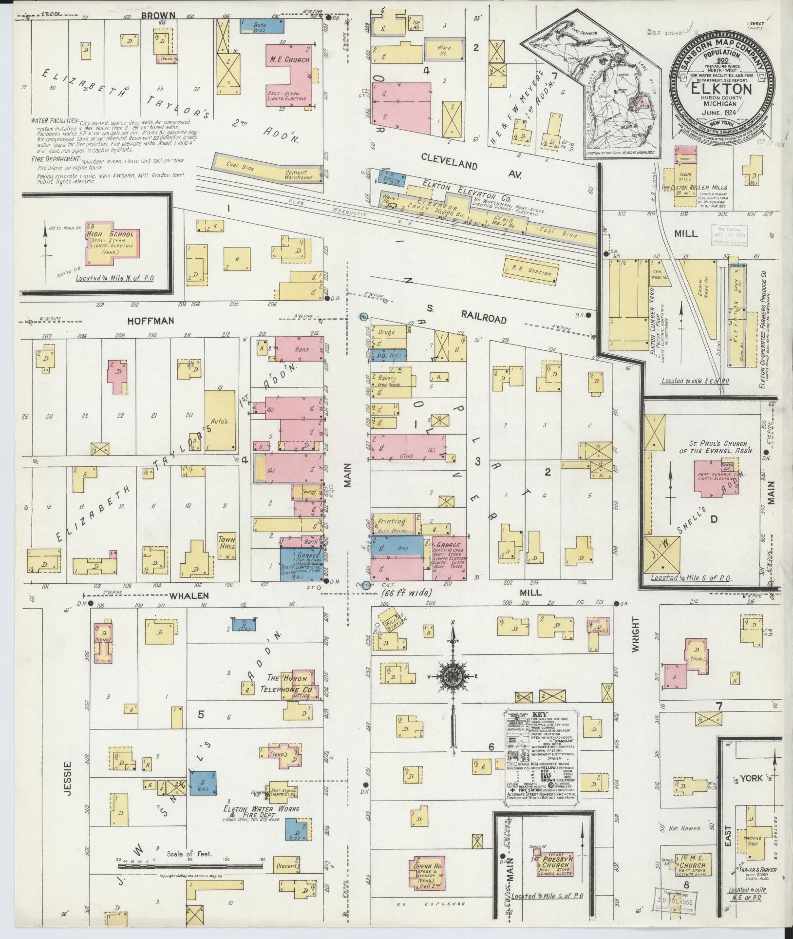 Sanborn Fire Insurance Map from Elkton, Huron County, Michigan (1924), Sheet #0001 - Historic Sanborn Fire Insurance Map Print, vintage old map wall art, antique decor, genealogy gift, Michigan Michigan map