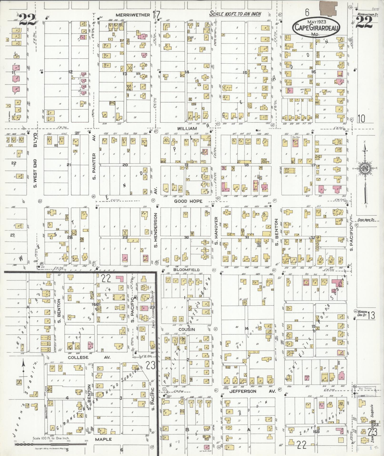 Sanborn Fire Insurance Map from Cape Girardeau, Cape Girardeau County, Missouri (1923), Sheet #0022 - Complete Map Set gallery image, historic Sanborn map, vintage wall art, Missouri Missouri