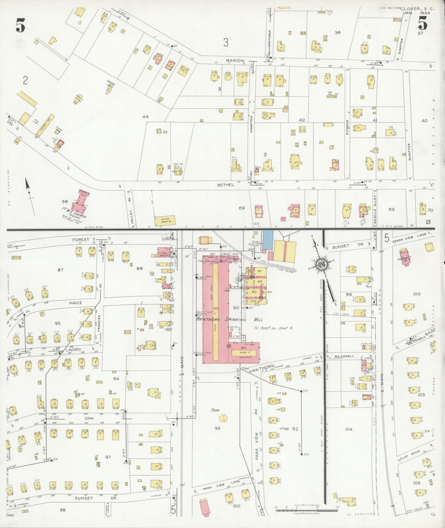 Sanborn Fire Insurance Map from Clover, York County, South Carolina (1934), Sheet #0005 - Complete Map Set gallery image, historic Sanborn map, vintage wall art, South Carolina South Carolina