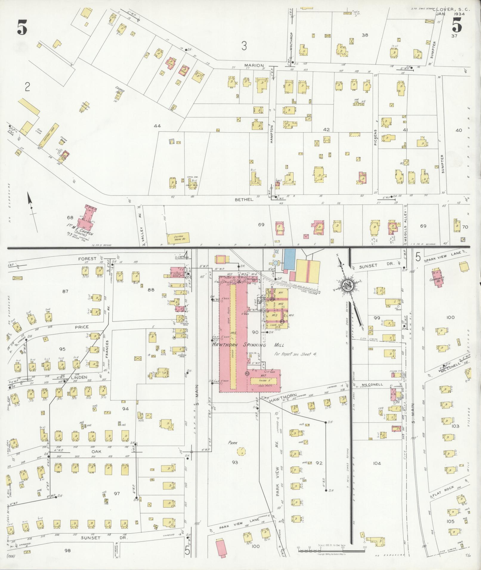 Sanborn Fire Insurance Map from Clover, York County, South Carolina (1934), Sheet #0005 - Complete Map Set gallery image, historic Sanborn map, vintage wall art, South Carolina South Carolina