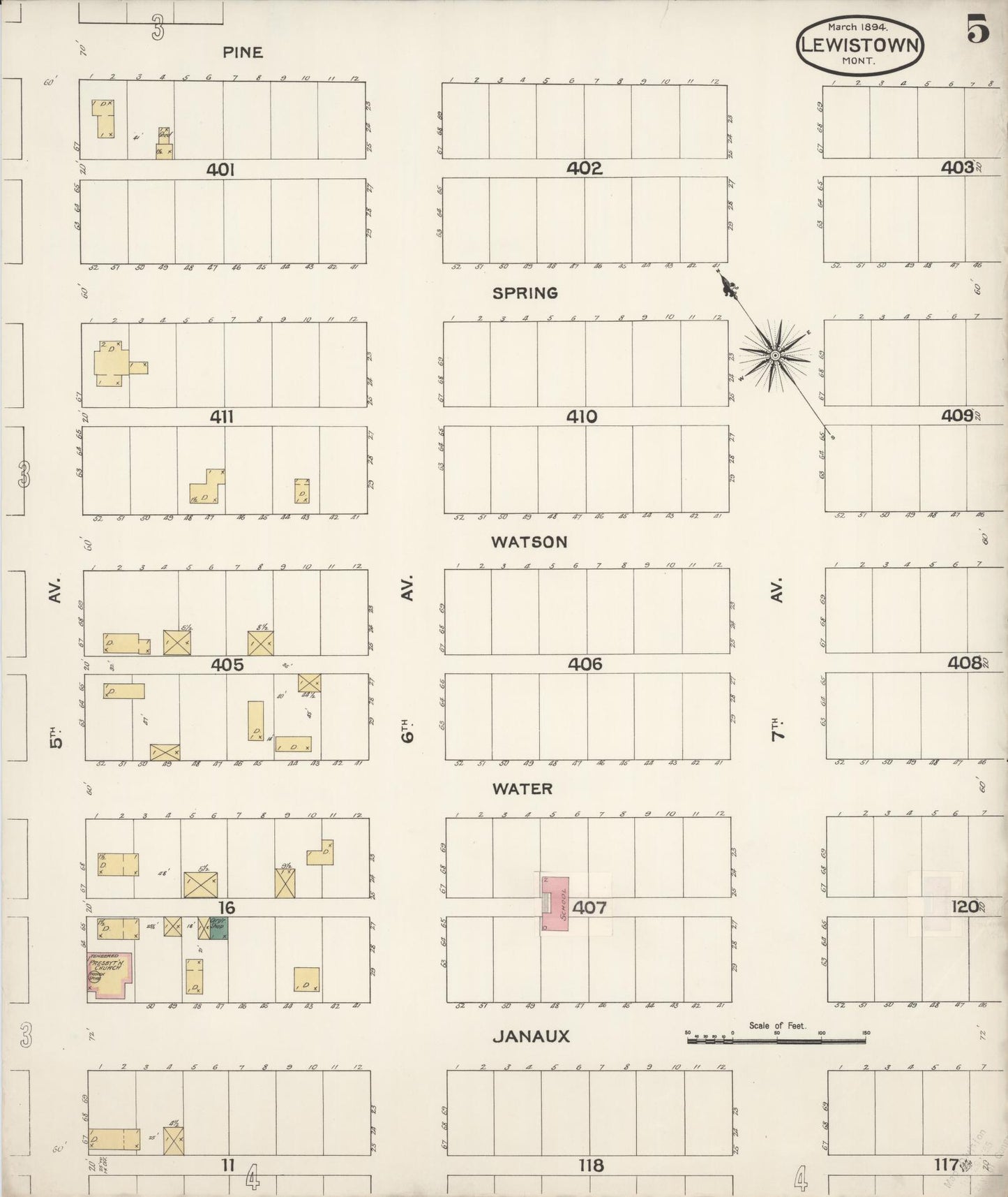 Sanborn Fire Insurance Map from Lewistown, Fergus County, Montana (1894), Sheet #0005 - Historic Sanborn Fire Insurance Map Print, vintage old map wall art, antique decor, genealogy gift, Montana Montana map