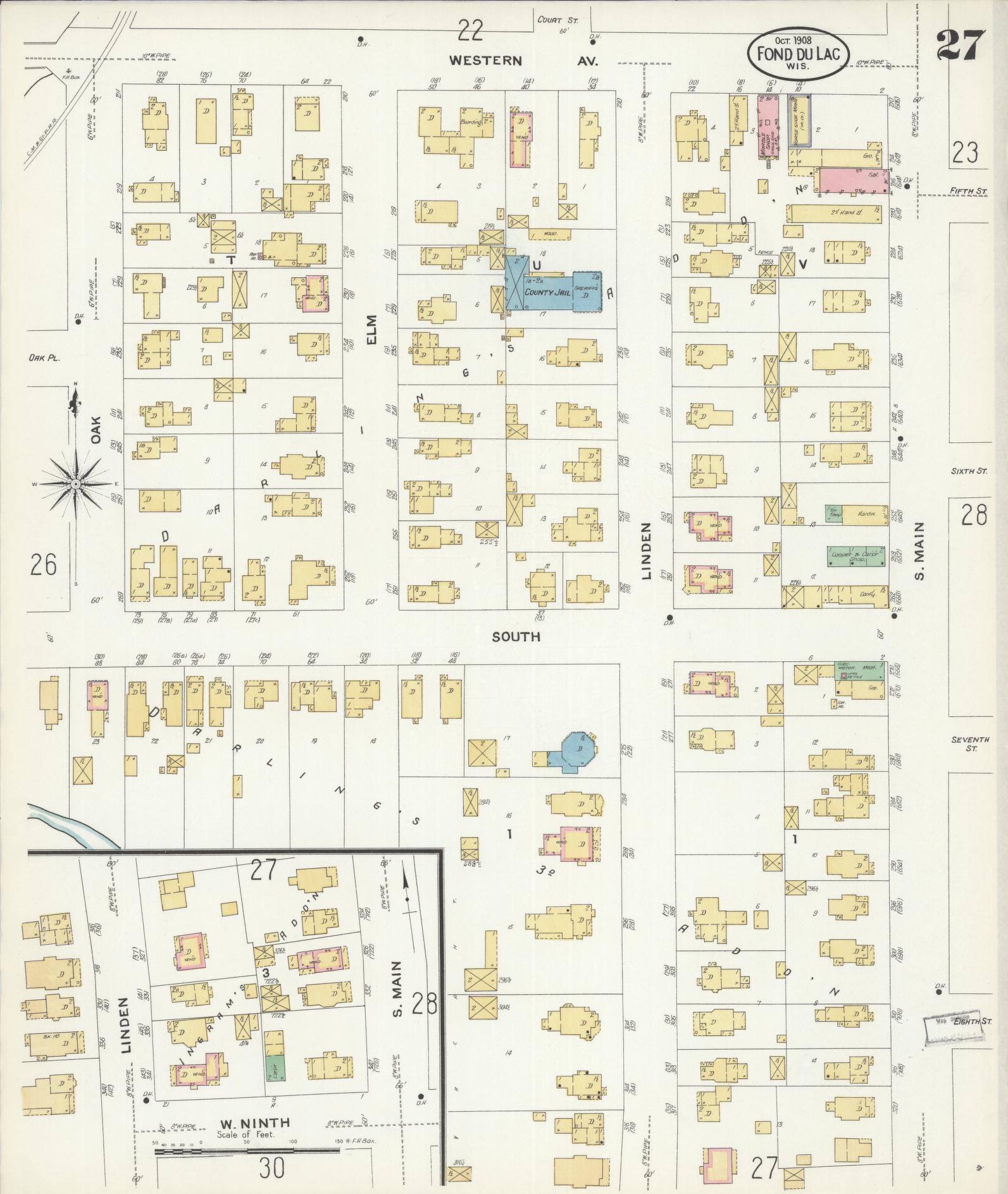 Sanborn Fire Insurance Map from Fond du Lac, Fond du Lac County, Wisconsin (1908), Sheet #0027 - Historic Sanborn Fire Insurance Map Print, vintage old map wall art, antique decor, genealogy gift, Wisconsin Wisconsin map