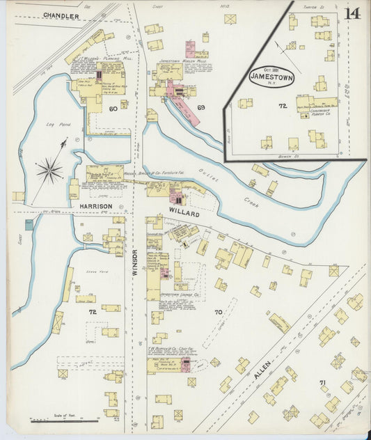 Sanborn Fire Insurance Map from Jamestown, Chautauqua County, New York (1891), Sheet #0014 - Historic Sanborn Fire Insurance Map Print, vintage old map wall art, antique decor, genealogy gift, New York New York map