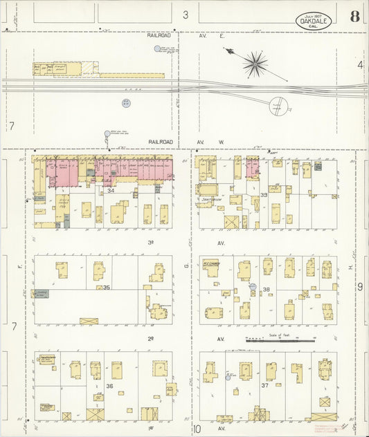 Sanborn Fire Insurance Map from Oakdale, Stanislaus County, California (1907), Sheet #0008 - Historic Sanborn Fire Insurance Map Print, vintage old map wall art, antique decor, genealogy gift, California California map