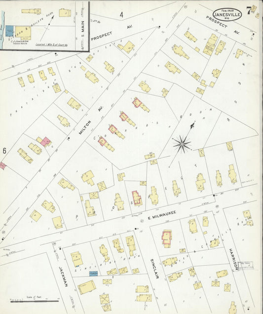 Sanborn Fire Insurance Map from Janesville, Rock County, Wisconsin (1909), Sheet #0007 - Historic Sanborn Fire Insurance Map Print, vintage old map wall art, antique decor, genealogy gift, Wisconsin Wisconsin map