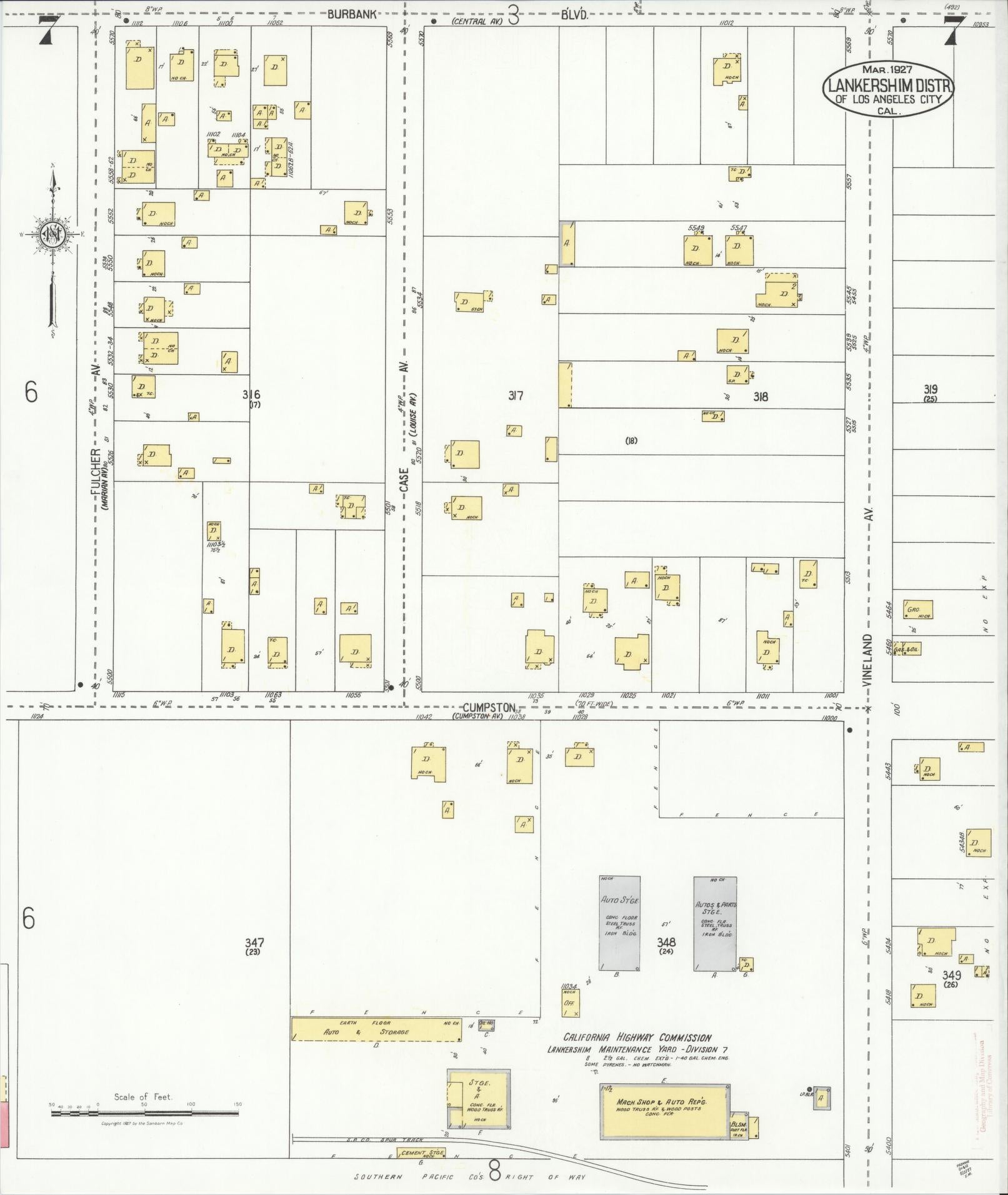 Sanborn Fire Insurance Map from Lankershim, Los Angeles County, California (1927), Sheet #0007 - Historic Sanborn Fire Insurance Map Print, vintage old map wall art, antique decor, genealogy gift, California California map