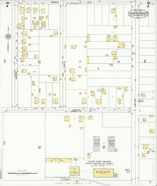 Sanborn Fire Insurance Map from Lankershim, Los Angeles County, California (1927), Sheet #0007 - Historic Sanborn Fire Insurance Map Print, vintage old map wall art, antique decor, genealogy gift, California California map