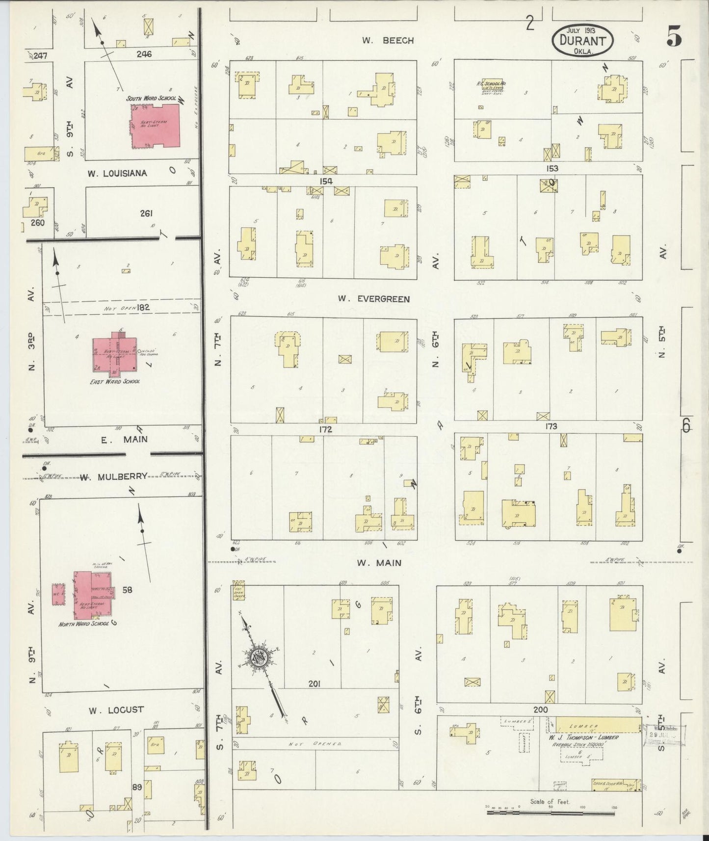 Sanborn Fire Insurance Map from Durant, Bryan County, Oklahoma (1913), Sheet #0005 - Complete Map Set gallery image, historic Sanborn map, vintage wall art, Oklahoma Oklahoma