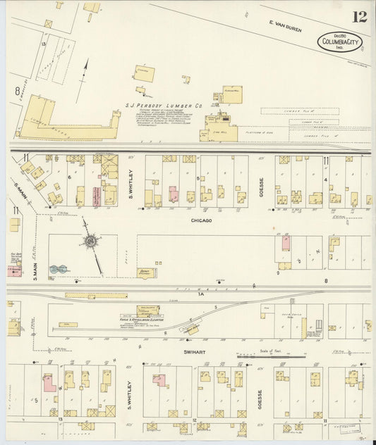 Sanborn Fire Insurance Map from Columbia City, Whitley County, Indiana (1910), Sheet #0012 - Historic Sanborn Fire Insurance Map Print, vintage old map wall art, antique decor, genealogy gift, Indiana Indiana map