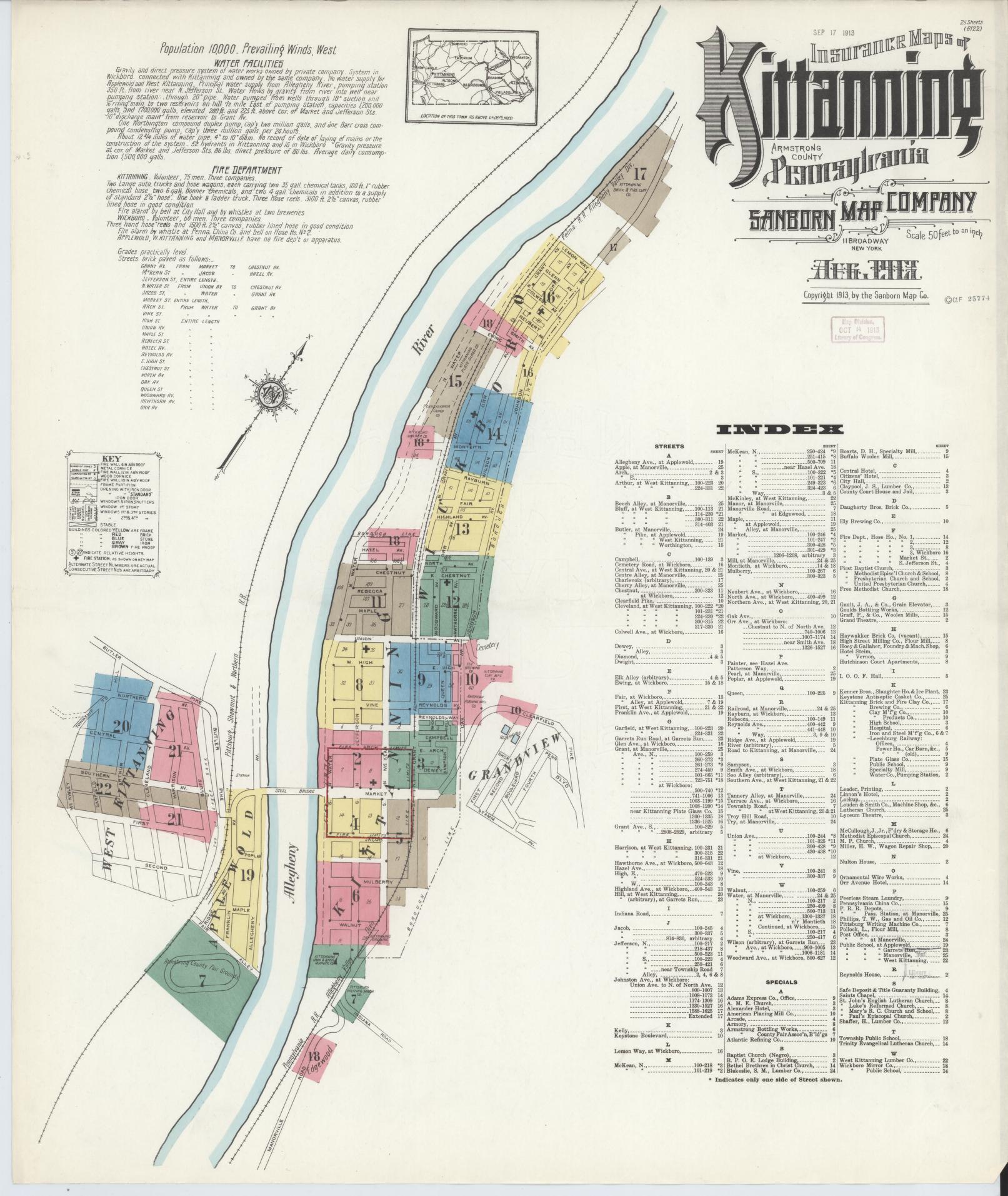 Sanborn Fire Insurance Map from Kittanning, Armstrong County, Pennsylvania. (1913) – Historic Sanborn Fire Insurance Map Print
