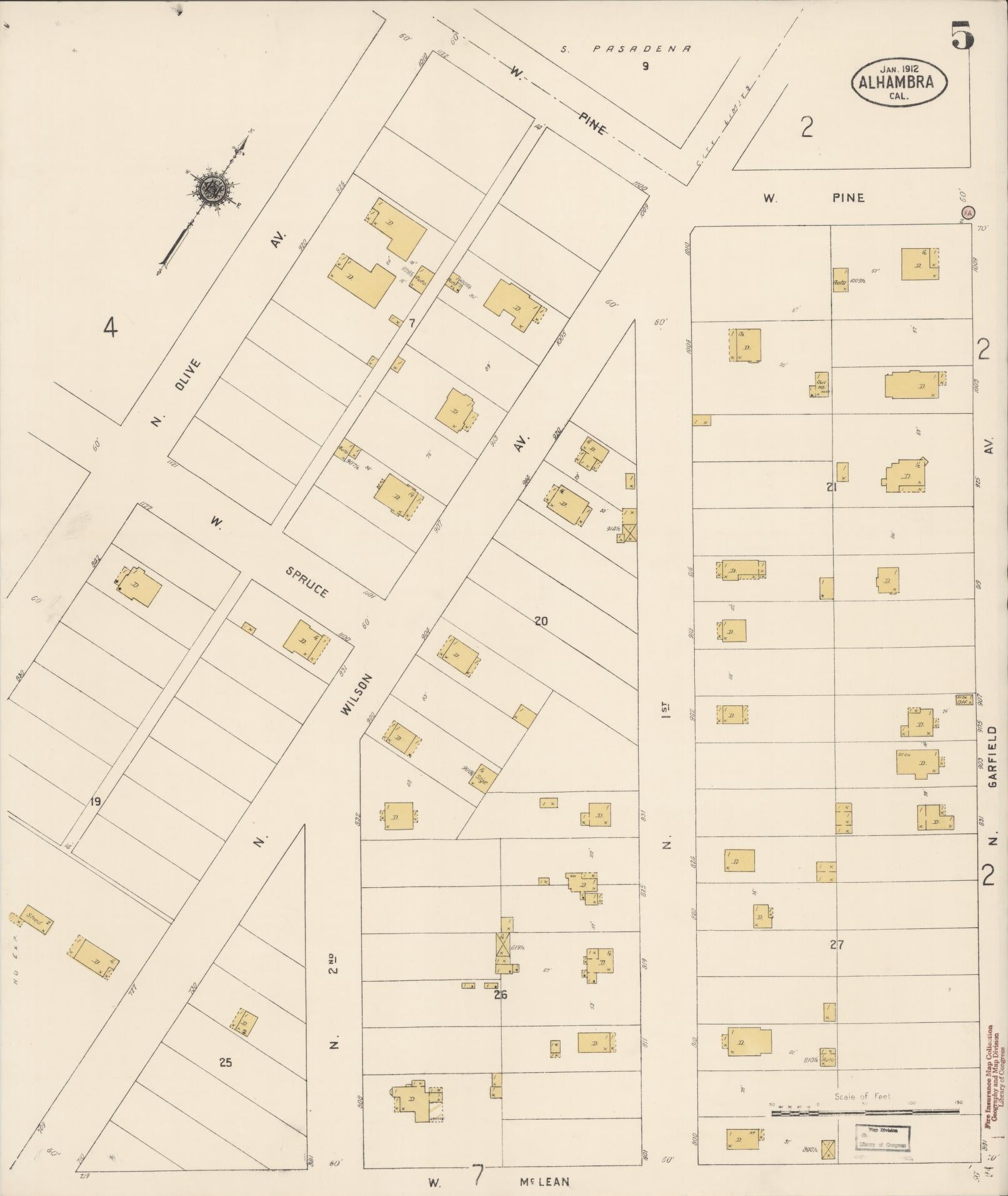 Sanborn Fire Insurance Map from Alhambra, Los Angeles County, California (1912), Sheet #0005 - Historic Sanborn Fire Insurance Map Print, vintage old map wall art, antique decor, genealogy gift, California California map