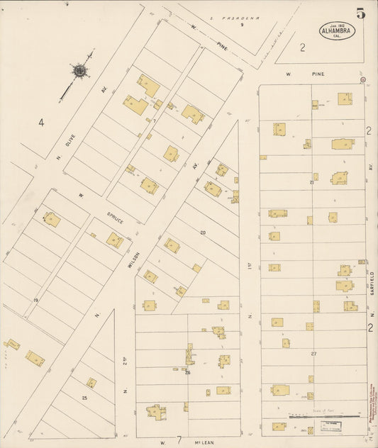 Sanborn Fire Insurance Map from Alhambra, Los Angeles County, California (1912), Sheet #0005 - Historic Sanborn Fire Insurance Map Print, vintage old map wall art, antique decor, genealogy gift, California California map