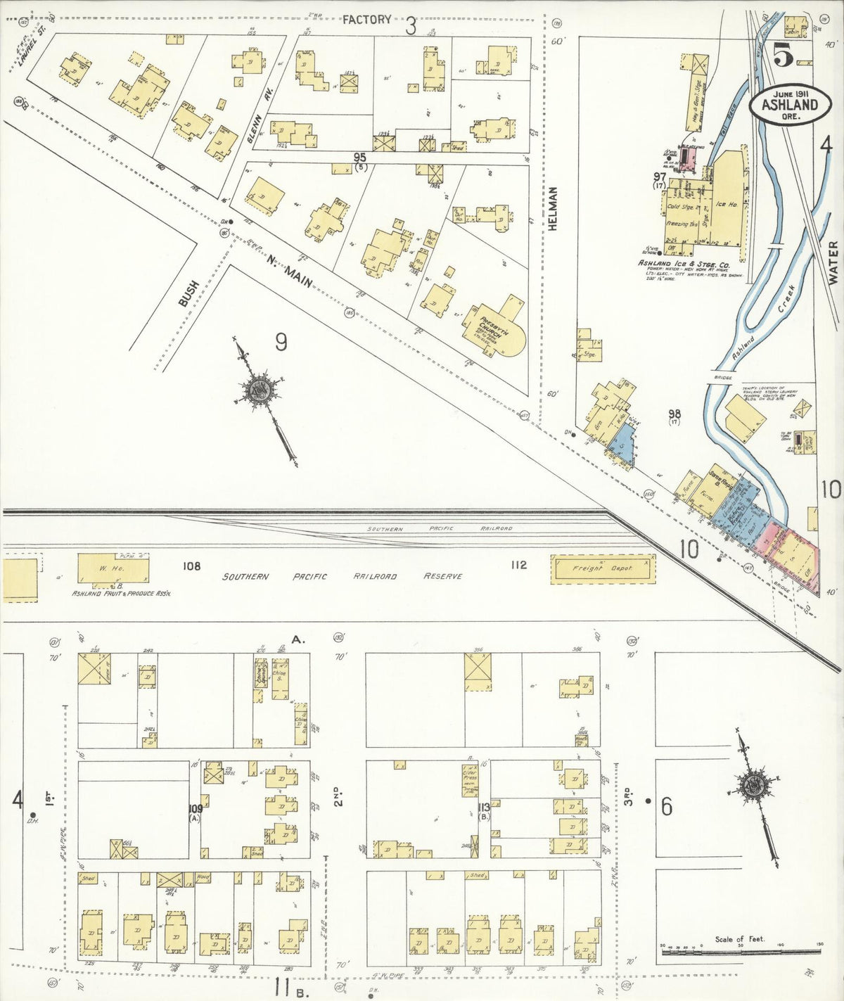 Sanborn Fire Insurance Map from Ashland, Jackson County, Oregon (1911), Sheet #0005 - Historic Sanborn Fire Insurance Map Print, vintage old map wall art, antique decor, genealogy gift, Oregon Oregon map
