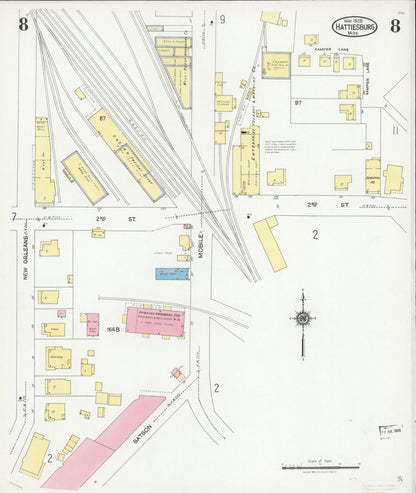 Sanborn Fire Insurance Map from Hattiesburg, Forrest County, Mississippi (1925), Sheet #0008 - Complete Map Set gallery image, historic Sanborn map, vintage wall art, Mississippi Mississippi