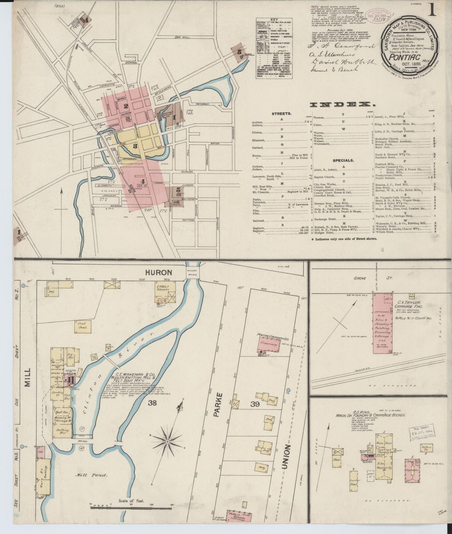 Sanborn Fire Insurance Map from Pontiac, Oakland County, Michigan (1888), Sheet #0001 - Historic Sanborn Fire Insurance Map Print, vintage old map wall art, antique decor, genealogy gift, Michigan Michigan map